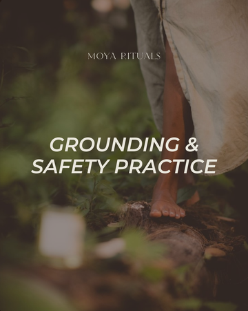 Person standing on a log in nature with 'Moya Rituals' text overlay.