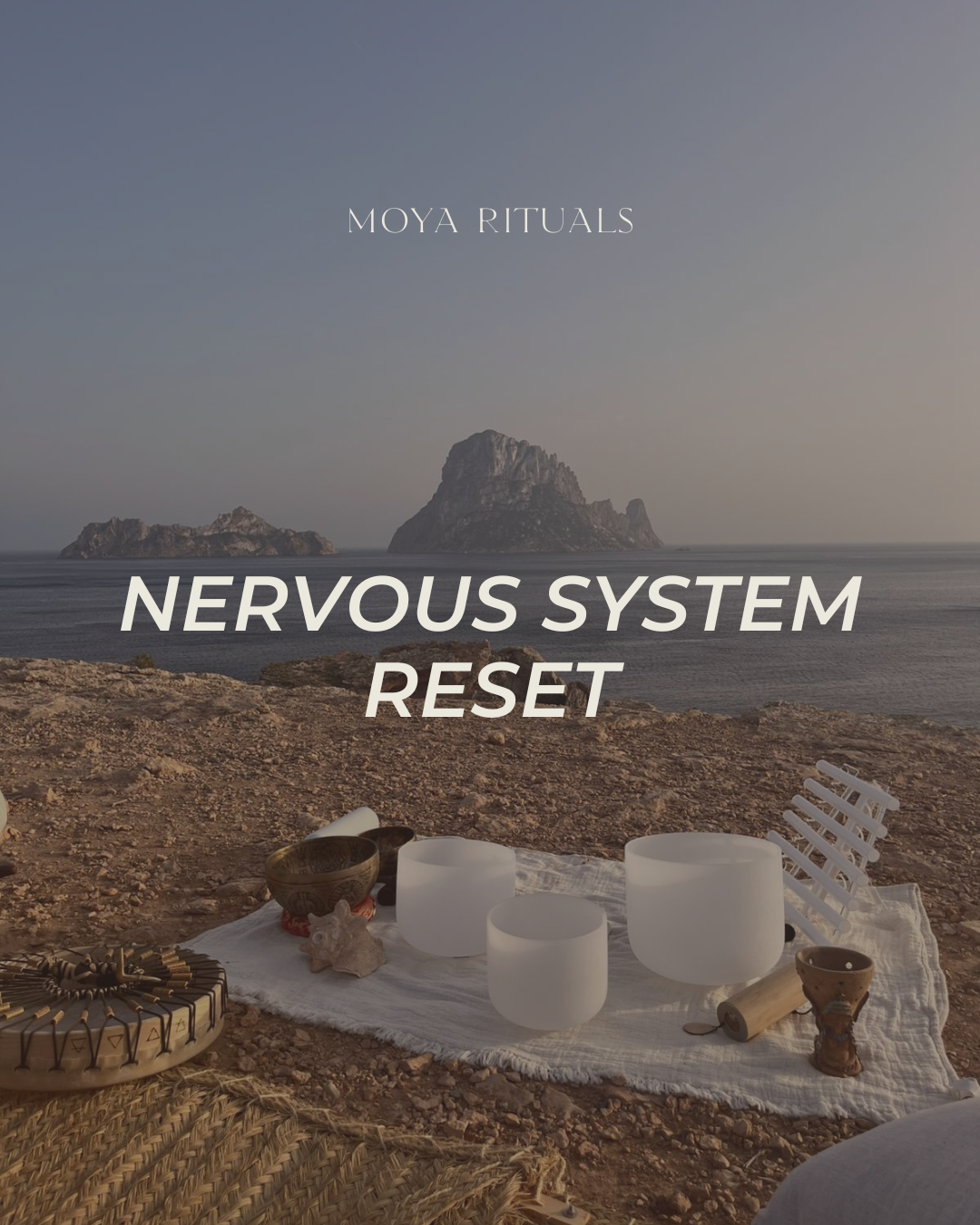 Meditation setup with crystal bowls on a beach, featuring 'Moya Rituals' text.